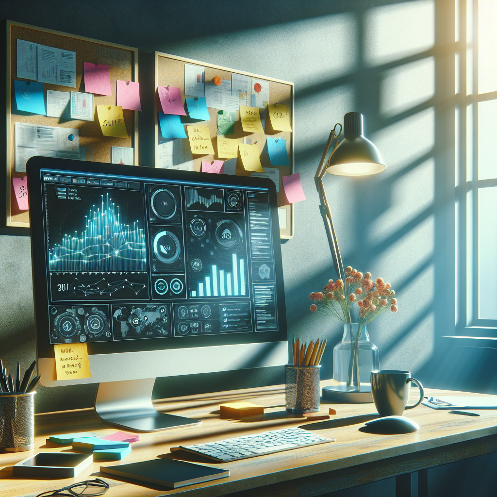 A modern office desk with a computer displaying social media analytics, colorful sticky notes, and a coffee mug, illuminated by natural daylight.