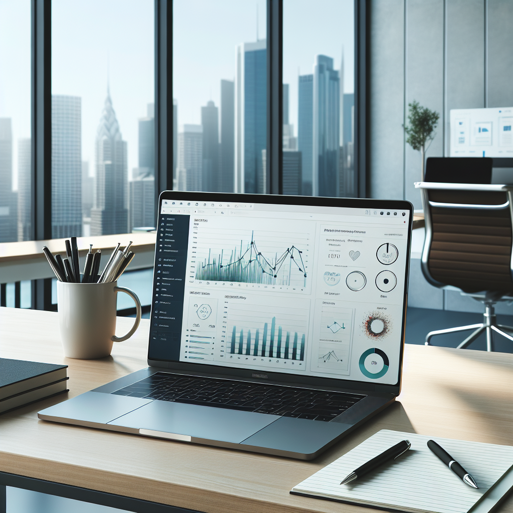 Modern office workspace with a laptop displaying social media analytics.