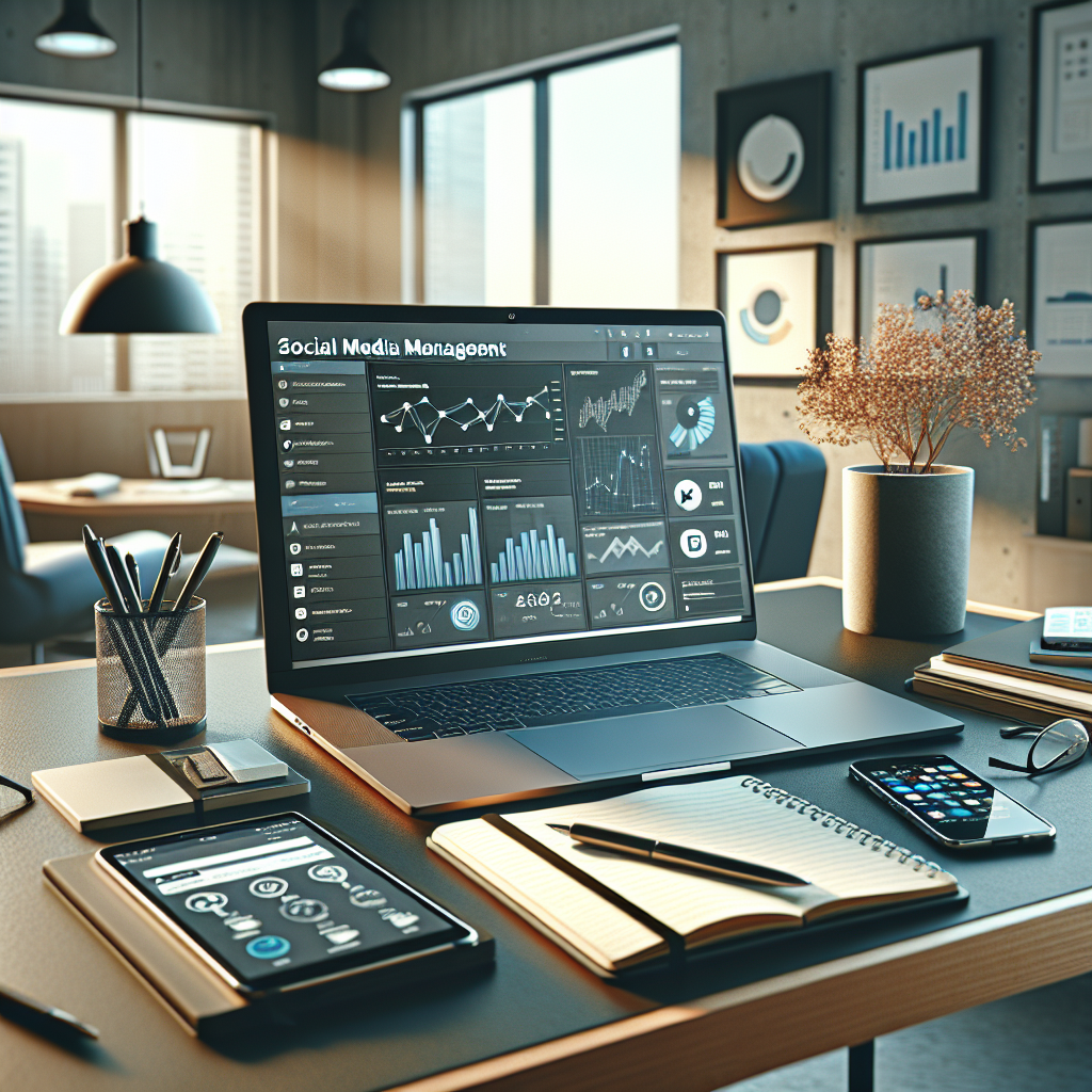 Realistic depiction of a modern office desk setup with devices displaying social media analytics.