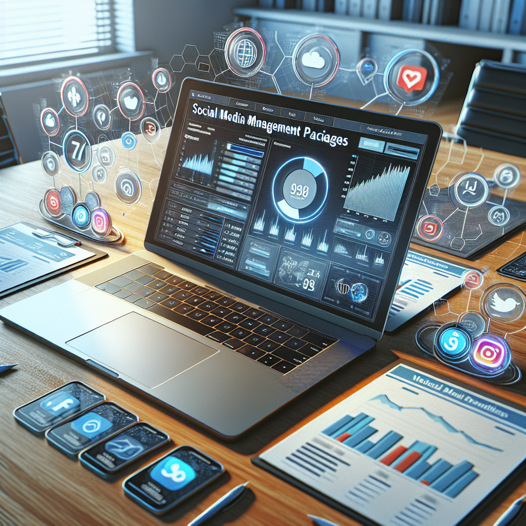 A realistic depiction of social media management pricing packages on a laptop with social media icons around it.