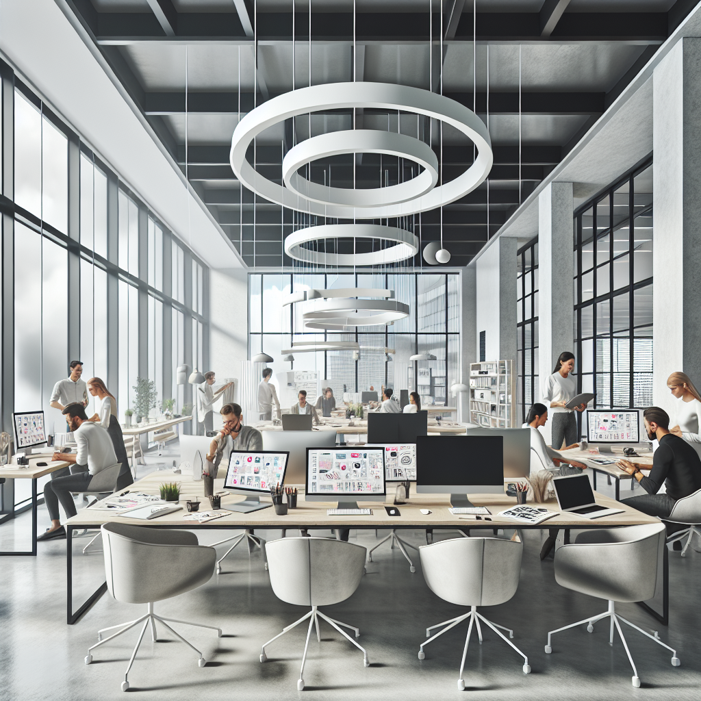 A modern web design agency office with designers collaborating on projects.