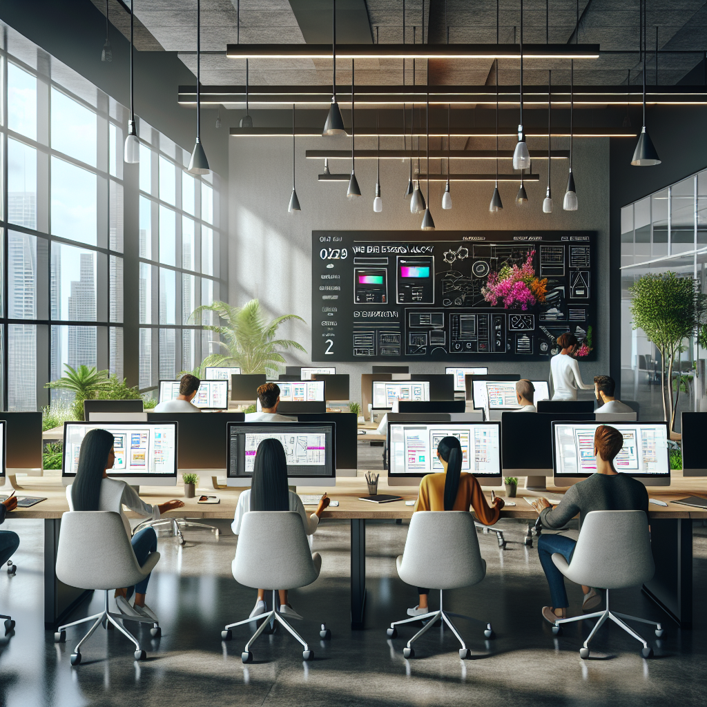 A realistic illustration of a modern web design agency office with designers collaborating.