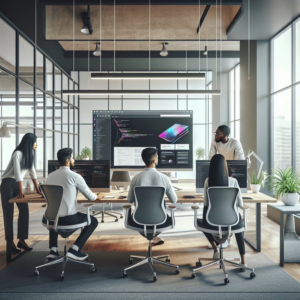 Team of web developers in a modern office working on a custom-designed website.