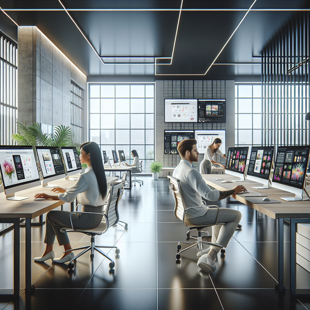 Modern web design agency office with designers collaborating on custom web designs.