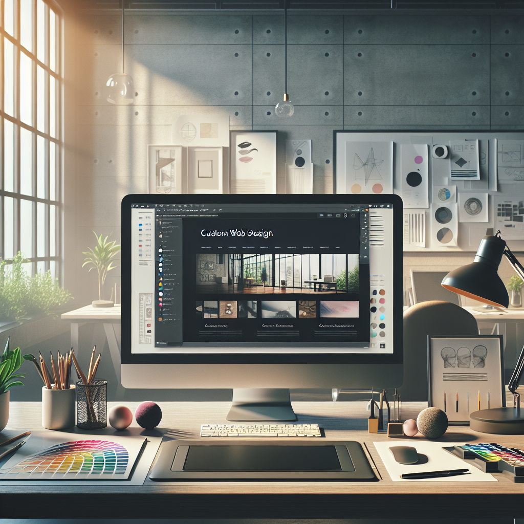 A modern workspace showcasing custom web design and development tools with a computer displaying a custom-built website.