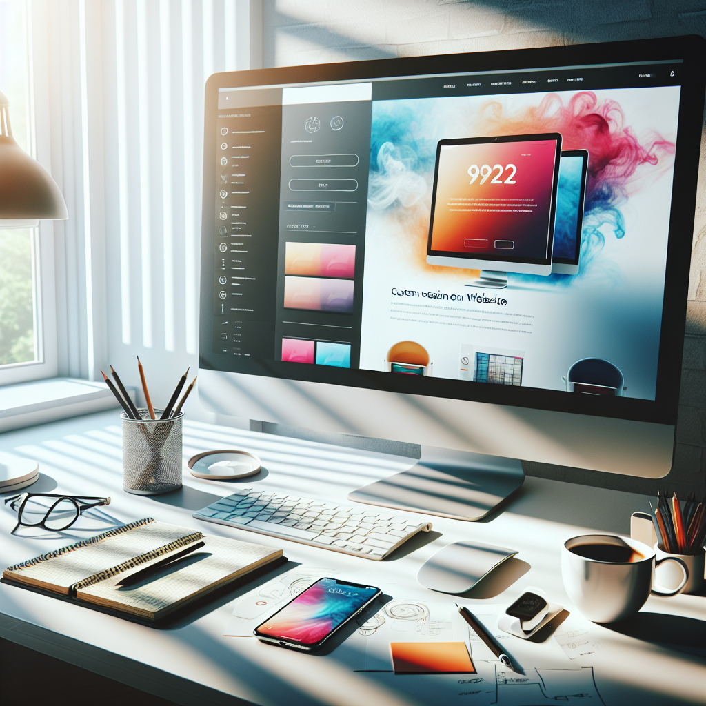 A desk setup showcasing custom web design and development with a computer, sketches, and a smartphone.