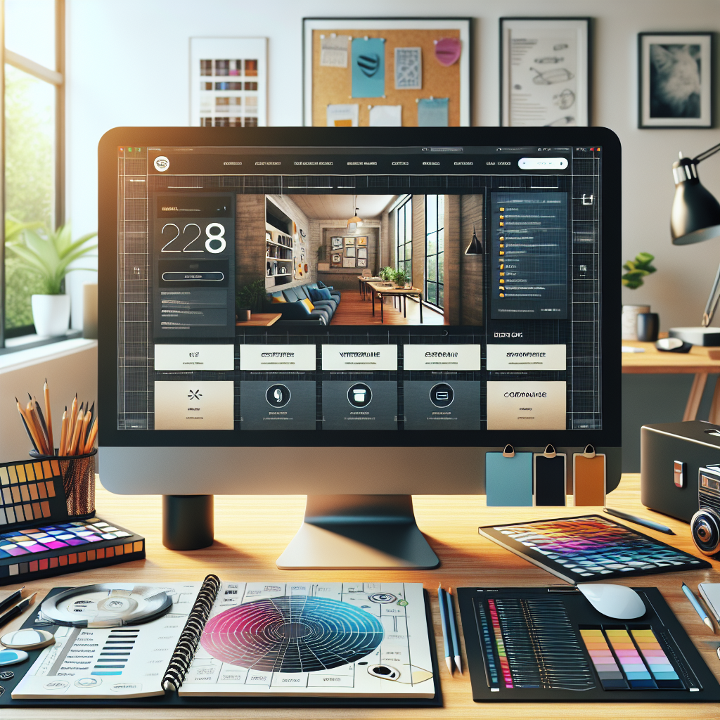 Realistic depiction of a custom-designed website on a computer screen in a creative workspace.