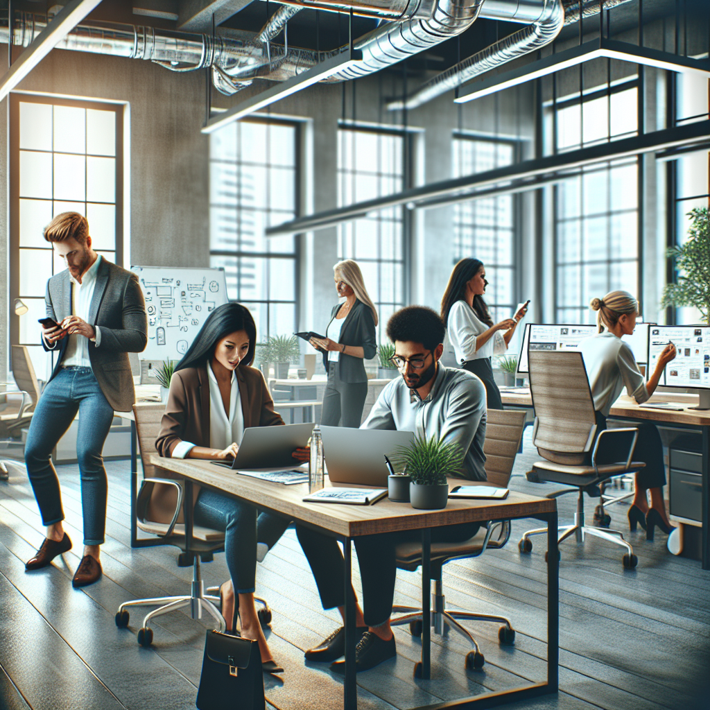 A busy office setting with young professionals collaborating on social media strategies using laptops and smartphones, filled with modern decor and natural lighting.