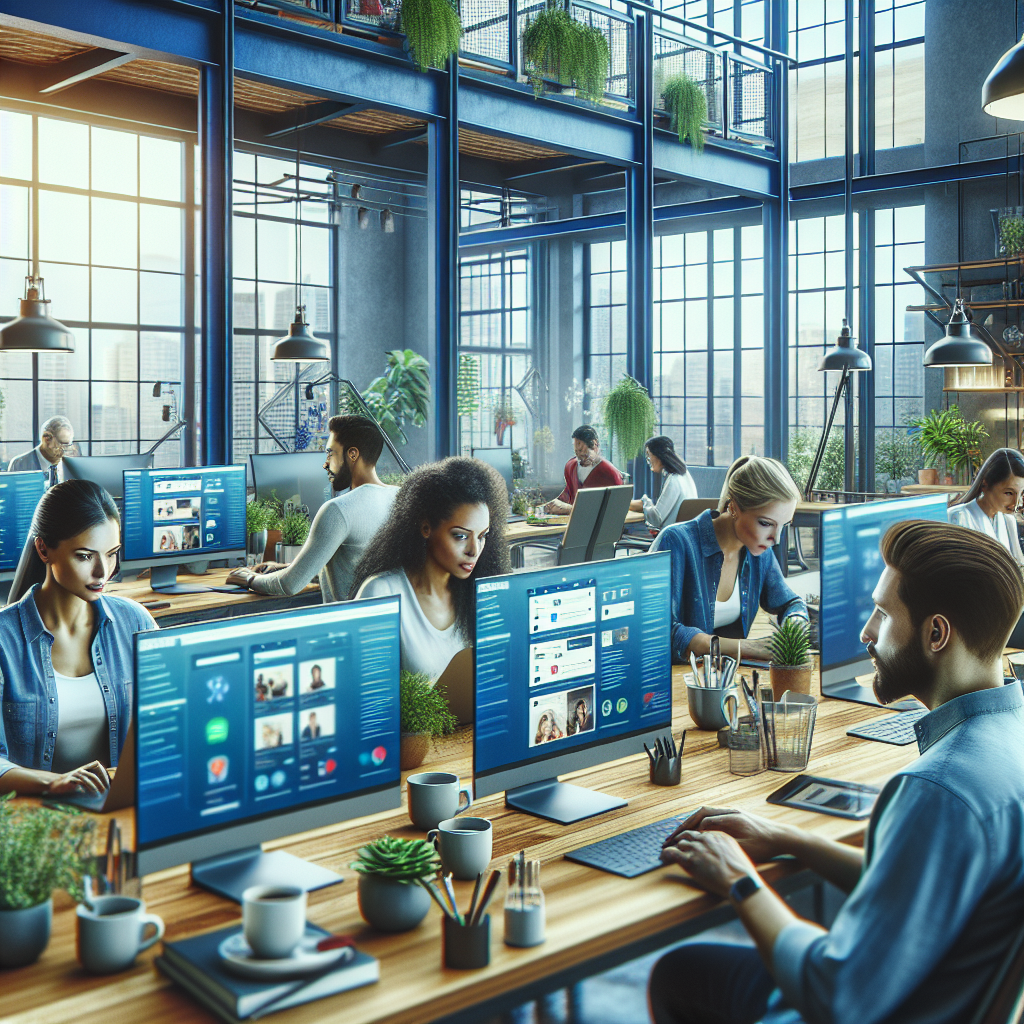 A modern office with a digital marketing team working on social media management.