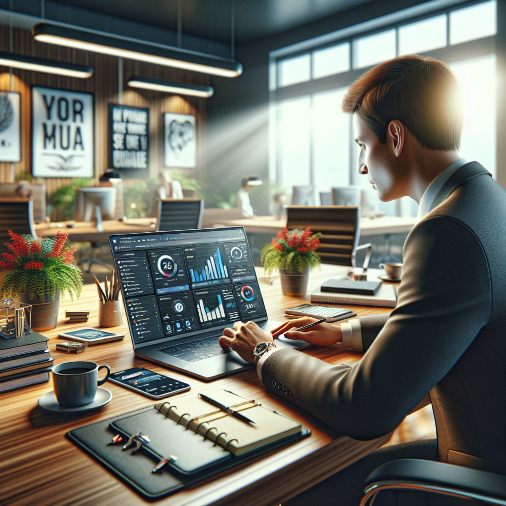 A modern office workspace with a person managing social media accounts on a laptop.