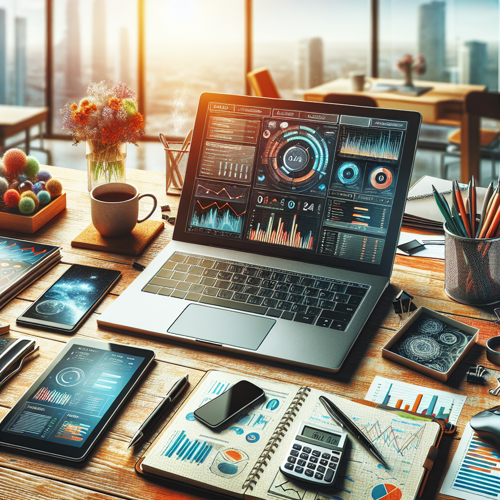 An office desk scene showing social media management tools including a laptop, smartphone, and tablet.
