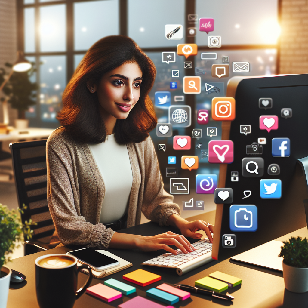 A small business owner managing social media on a desktop, surrounded by digital tools, illustrating affordable social media management.