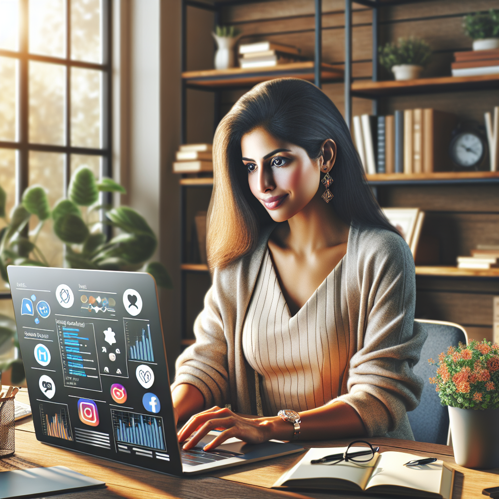 A small business owner using social media management tools on a computer in a cozy office setting.