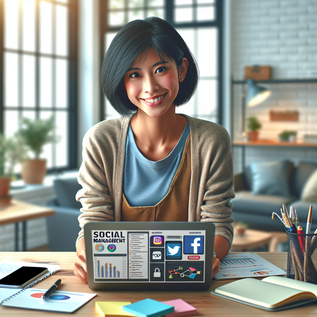 Small business owner doing social media management on a laptop in a well-lit office.