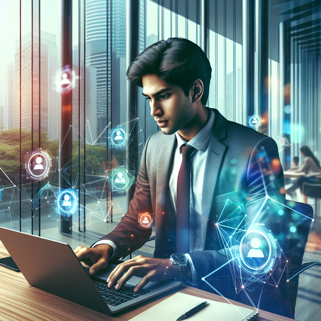 A young professional working on a laptop with social media icons floating around, depicting affordable social media management.