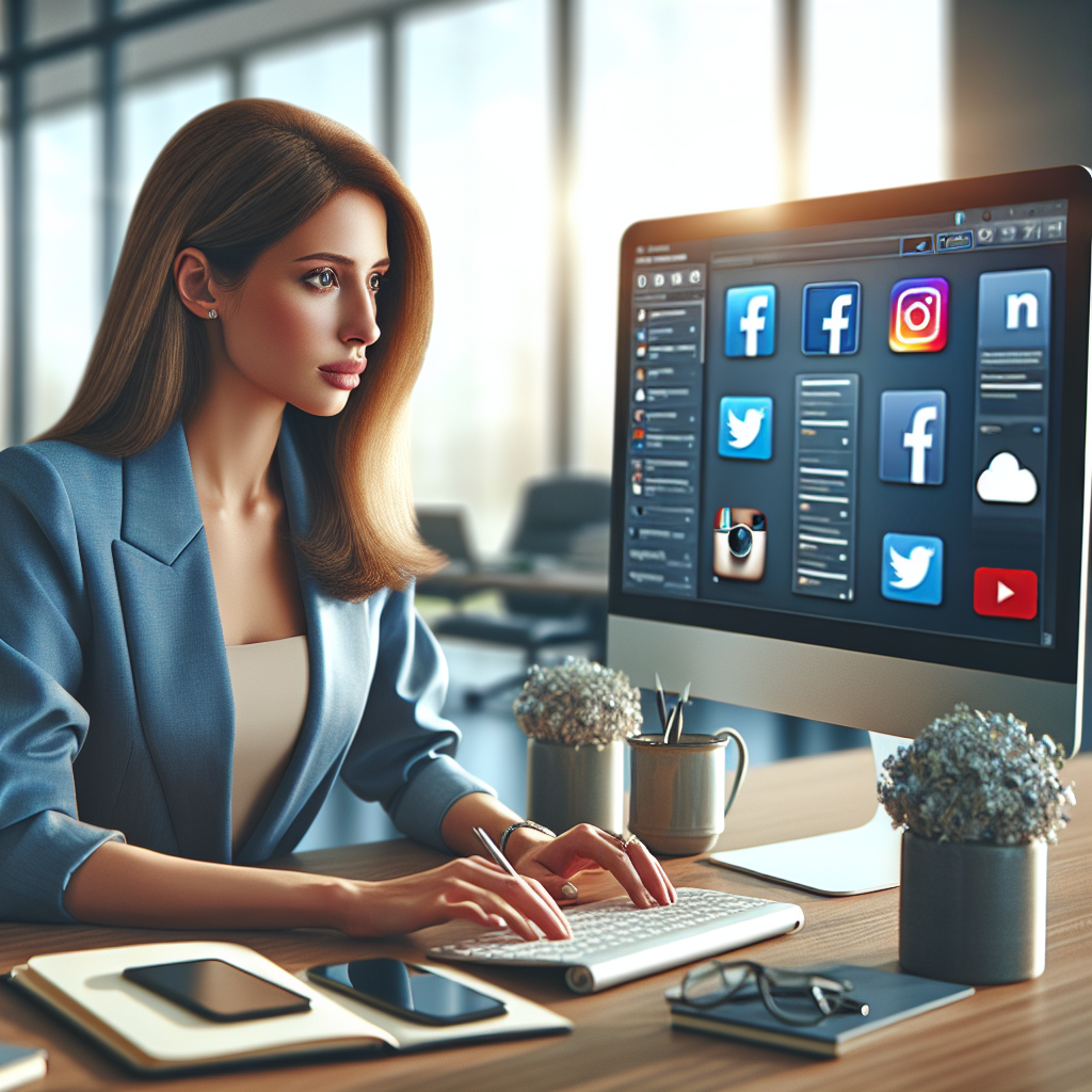 A focused social media manager working at her desk in a modern office with social media platforms displayed on her computer screen.