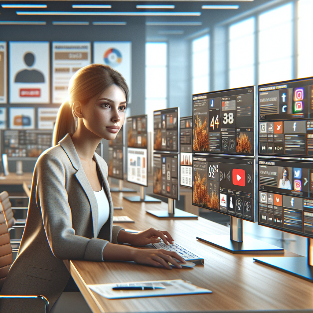 A young woman managing multiple social media platforms at a modern workspace.