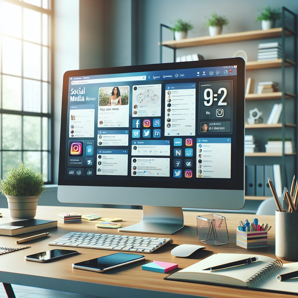 A workspace setup for social media management with a computer, social media dashboards, and office supplies.