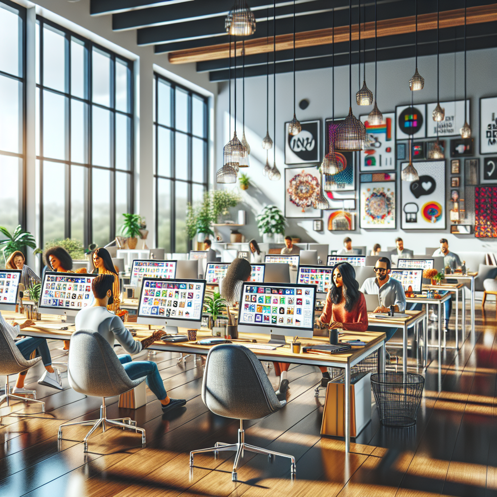 A modern office with social media managers working on computers, showcasing a vibrant and collaborative environment.