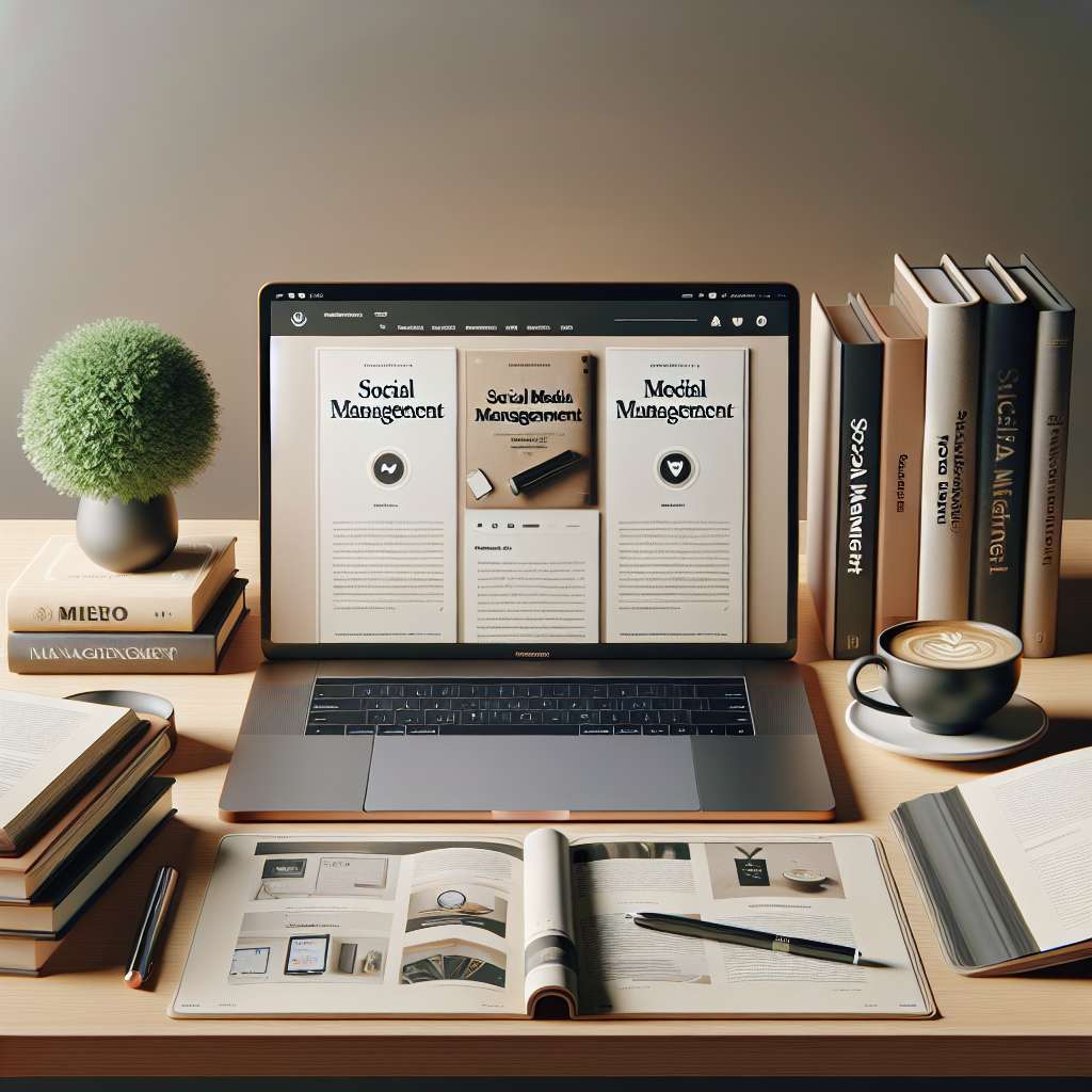 A modern desk with a laptop showing social media management books in PDF, and a few open physical books related to the same topic.