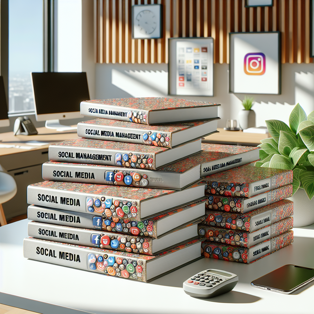 A stack of social media management books in PDF format on a modern office desk.