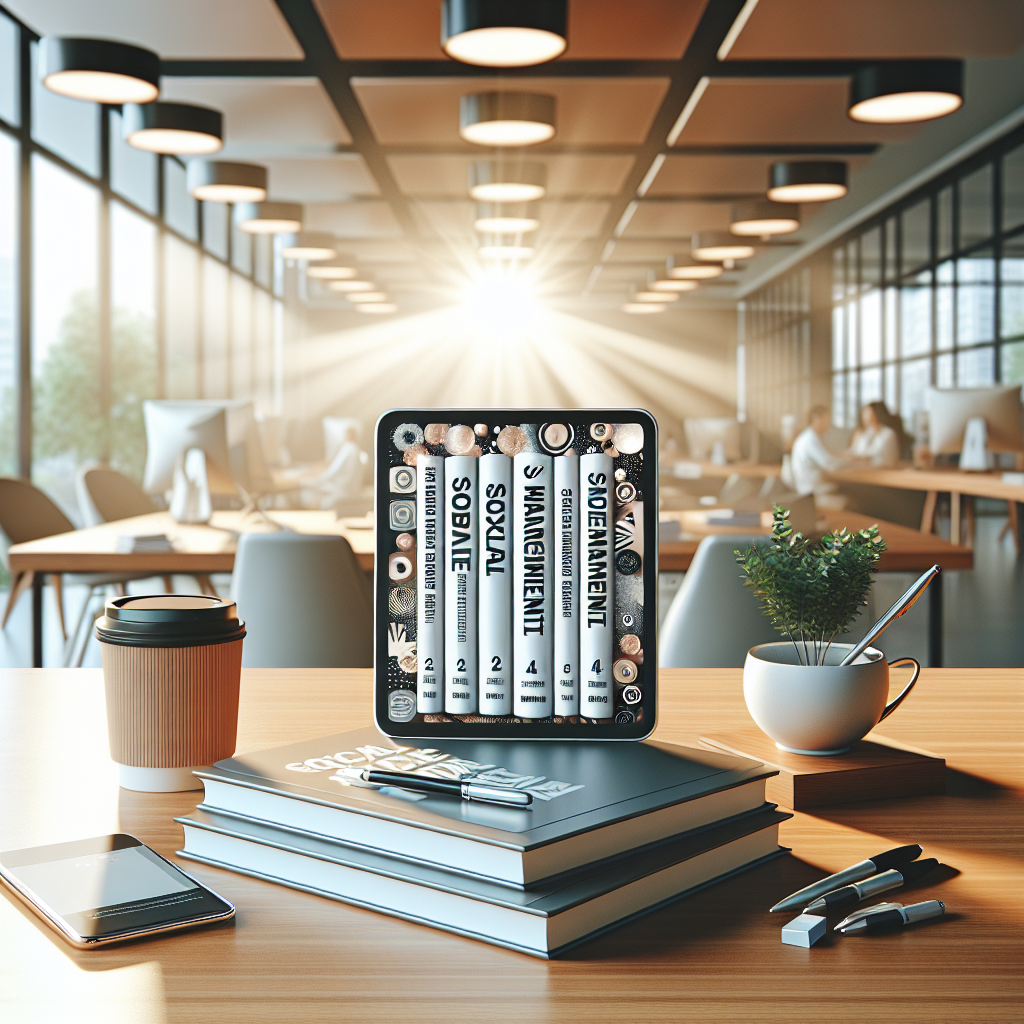 A desk in a modern office with social media management books in PDF format displayed on a tablet.