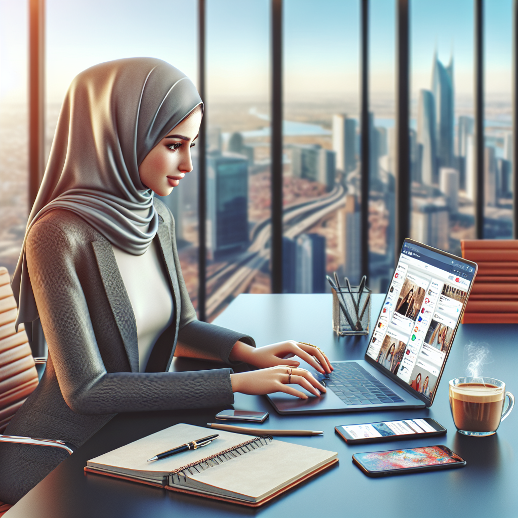 A young professional managing social media content at a modern office desk with a laptop and various devices.