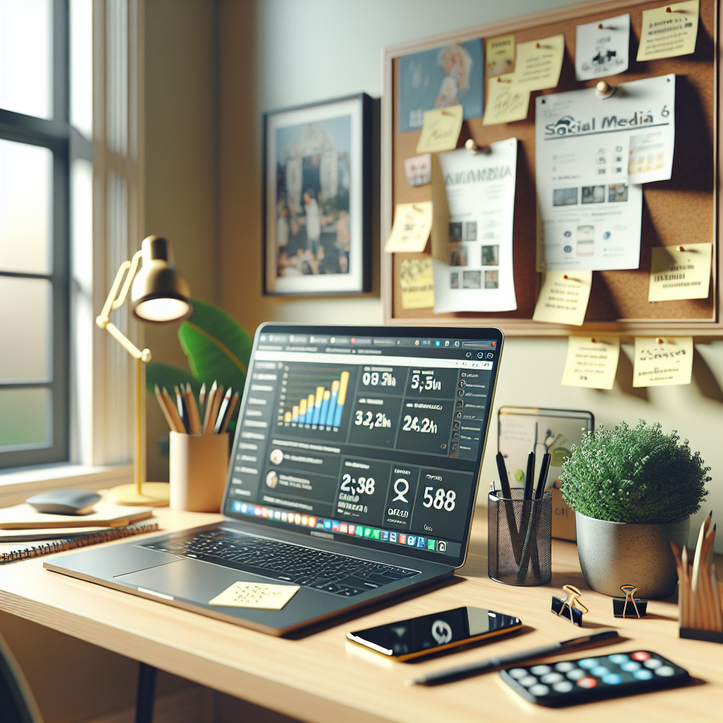 A realistic image of a social media manager's workspace designed for Spanish-speaking audiences.