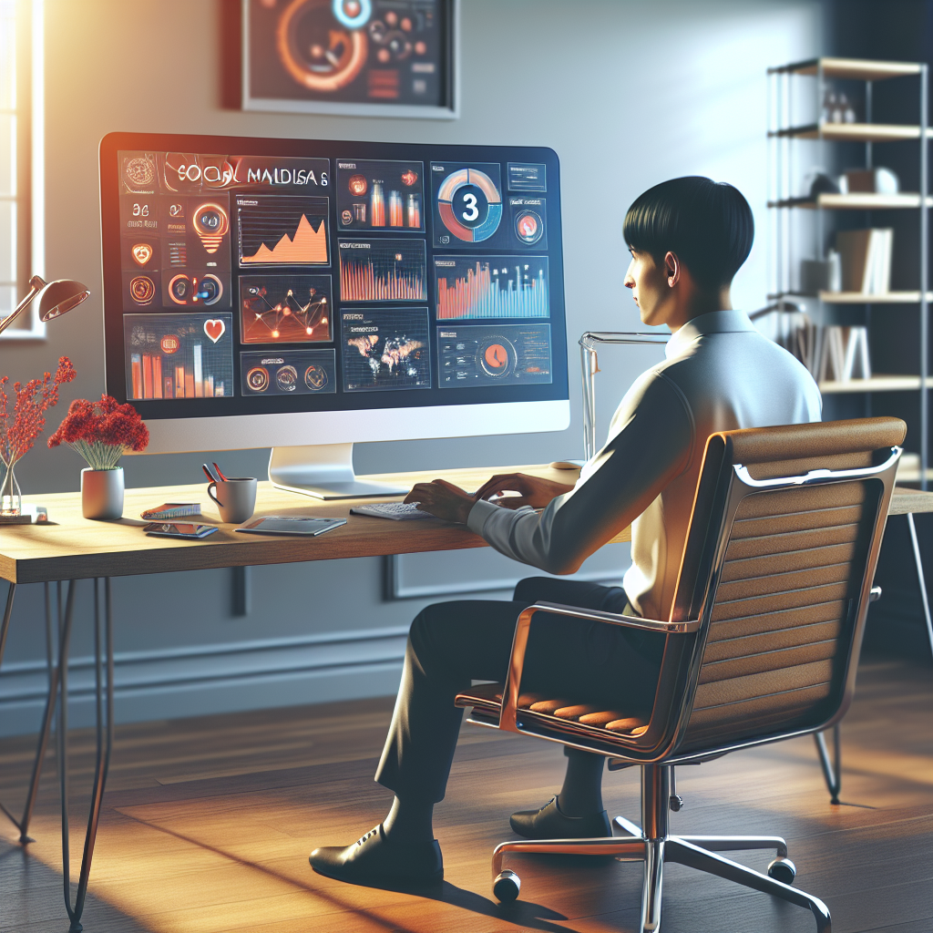 An office desk setup with a person managing social media analytics on their computer, symbolizing social media management in Spanish.