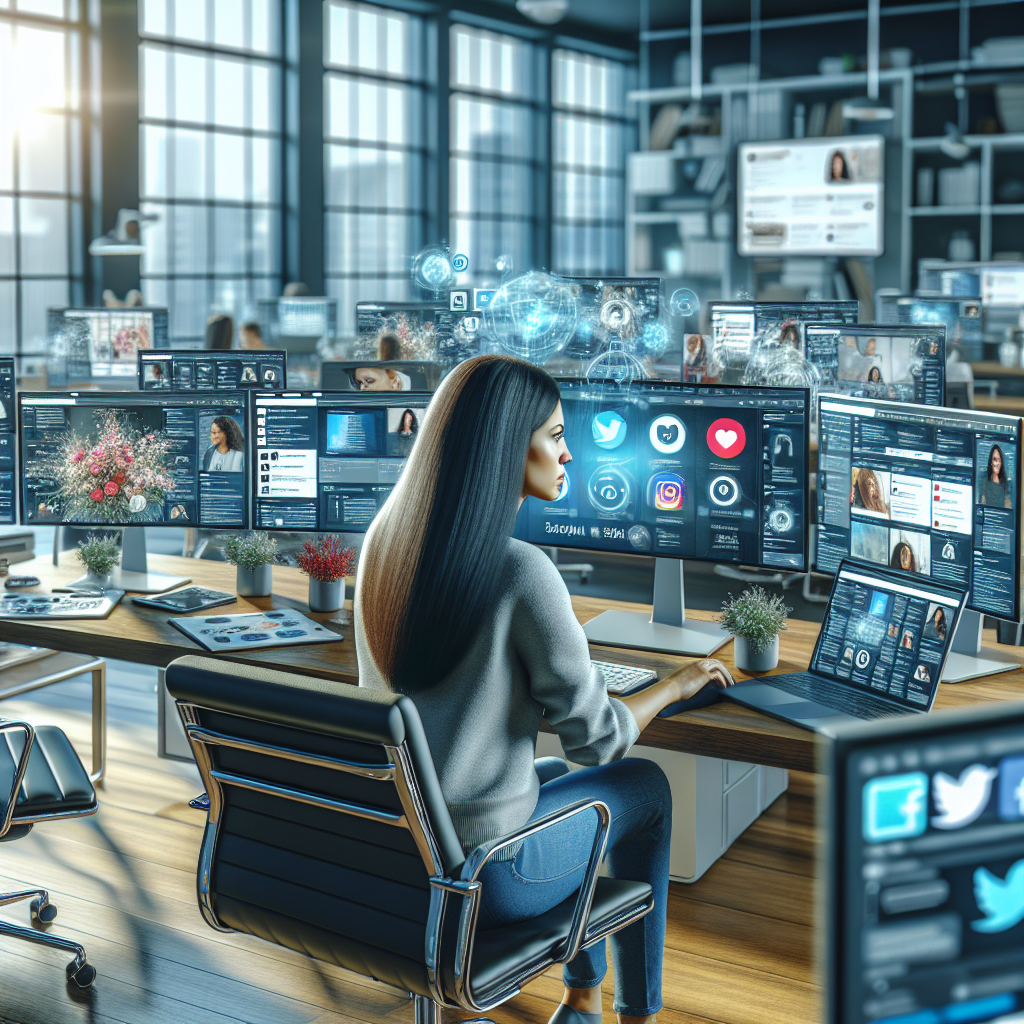 A social media manager working with multiple screens and devices displaying social media platforms in Spanish.