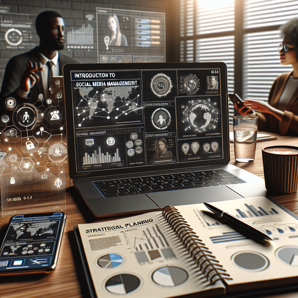 A modern workspace with a laptop, smartphone, notebook, and diverse professionals collaborating, showcasing social media management.