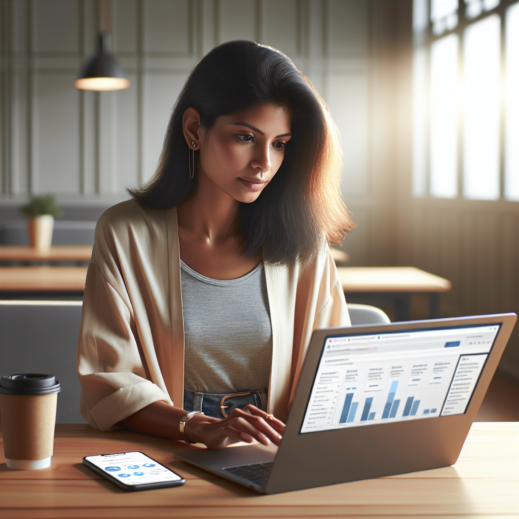 Digital marketer managing social media accounts on a computer in a modern office setting.