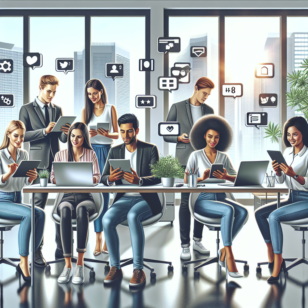 A modern office setting with a diverse group of young professionals discussing social media strategies.
