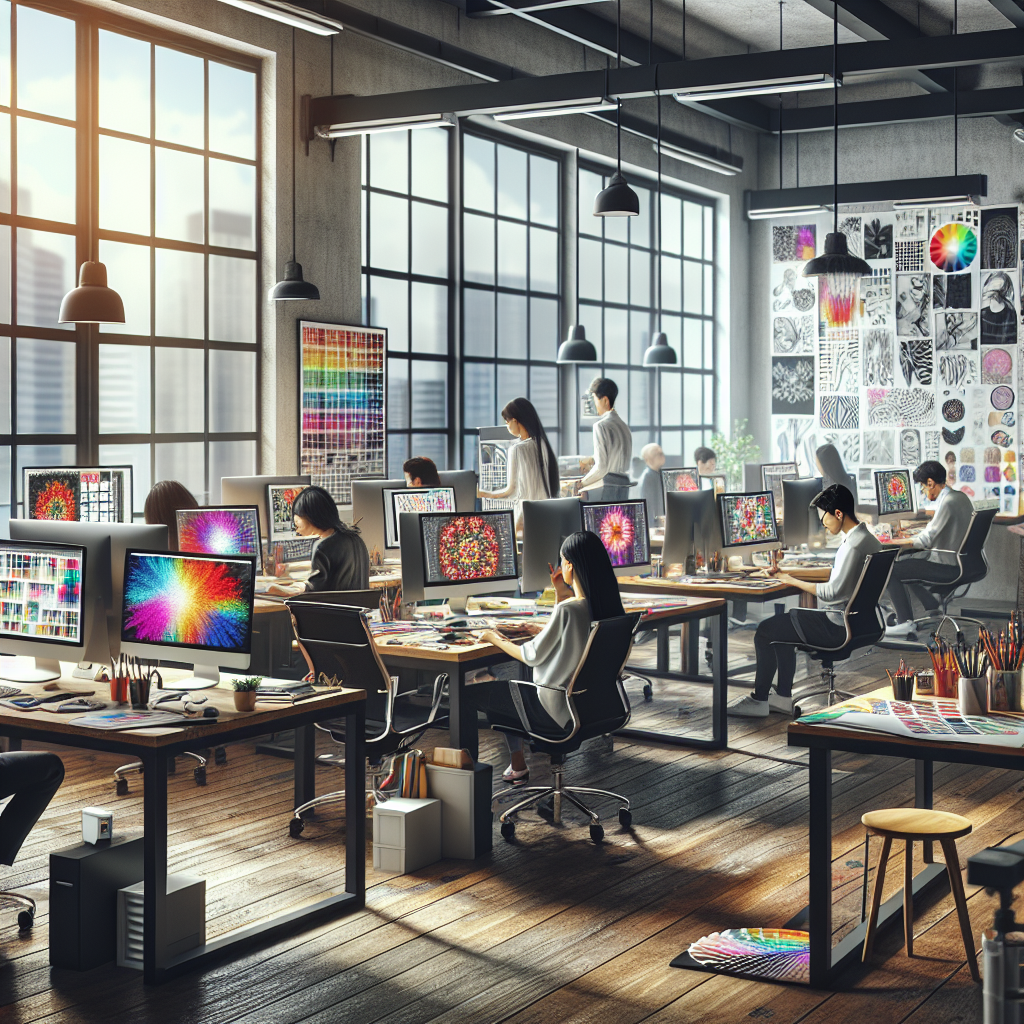 A vibrant modern office workspace with graphic designers working on various projects, showcasing tools and colorful designs.