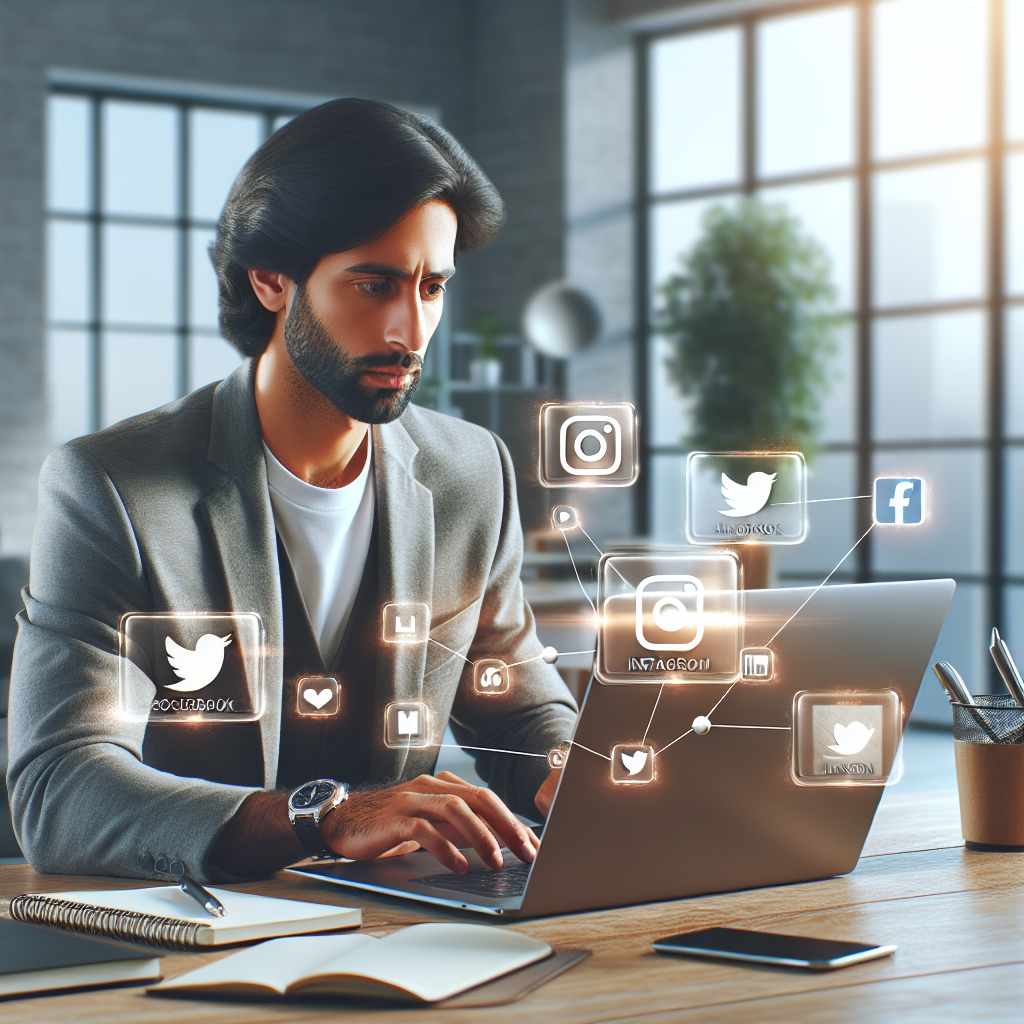 Professional managing social media platforms on a laptop in a modern office.