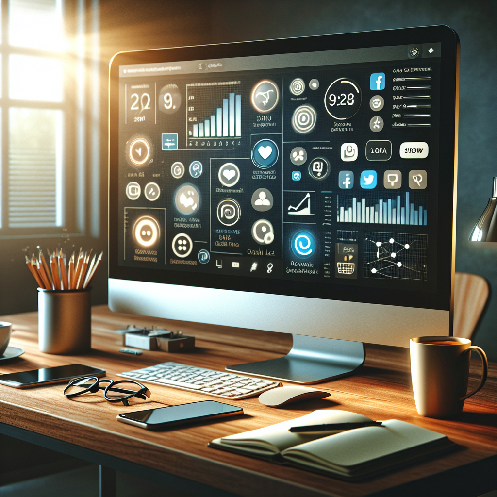 A workspace with a computer showing social media icons and analytics, representing social media management.