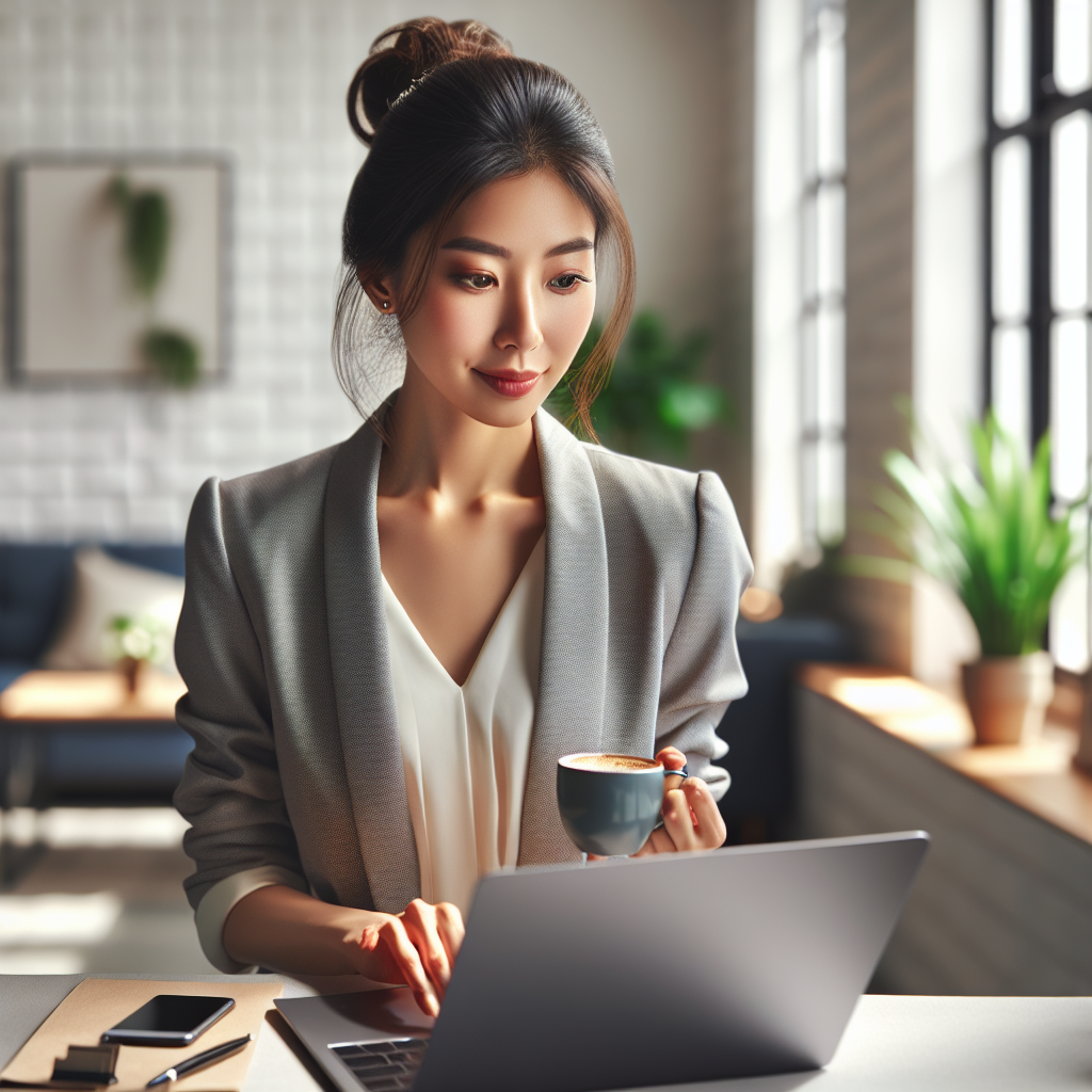 A young professional woman working on a laptop in a cozy, modern office space.