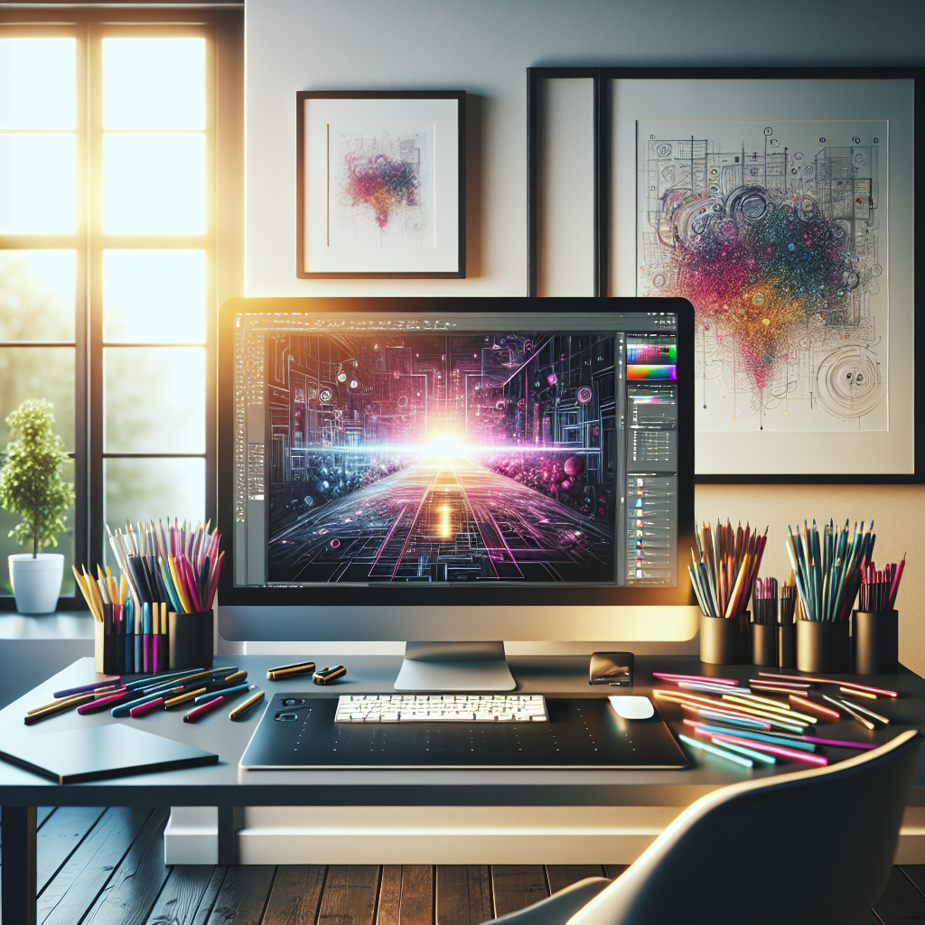 A realistic depiction of a modern graphic designer's workspace.