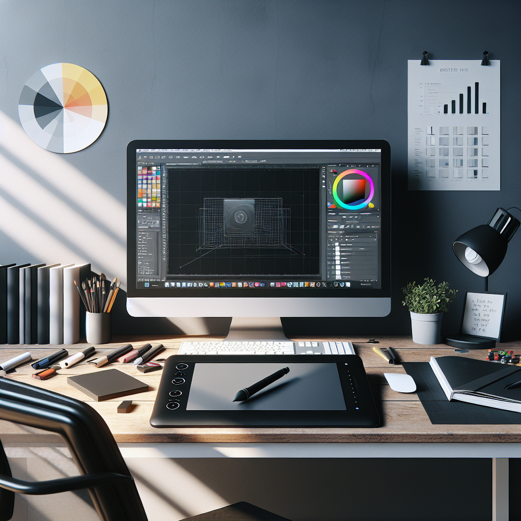 A professional graphic designer's modern and organized workspace with tools and a computer displaying design software.