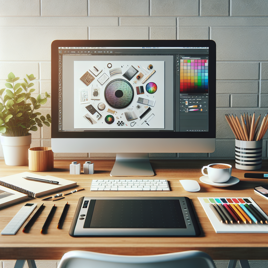 A realistic depiction of a graphic designer's workspace with design tools and a computer.