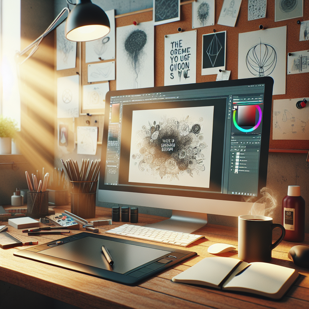 A realistic graphic designer's workspace with a computer, graphic tablet, coffee cup, and motivational posters.