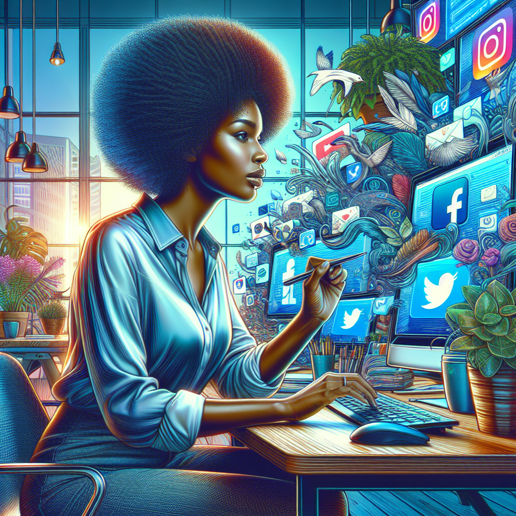 Modern Social Media Manager in a lively office setting with multiple screens.