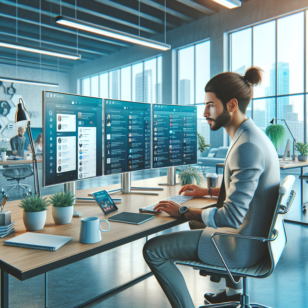 Young social media manager working at a computer in a modern office.