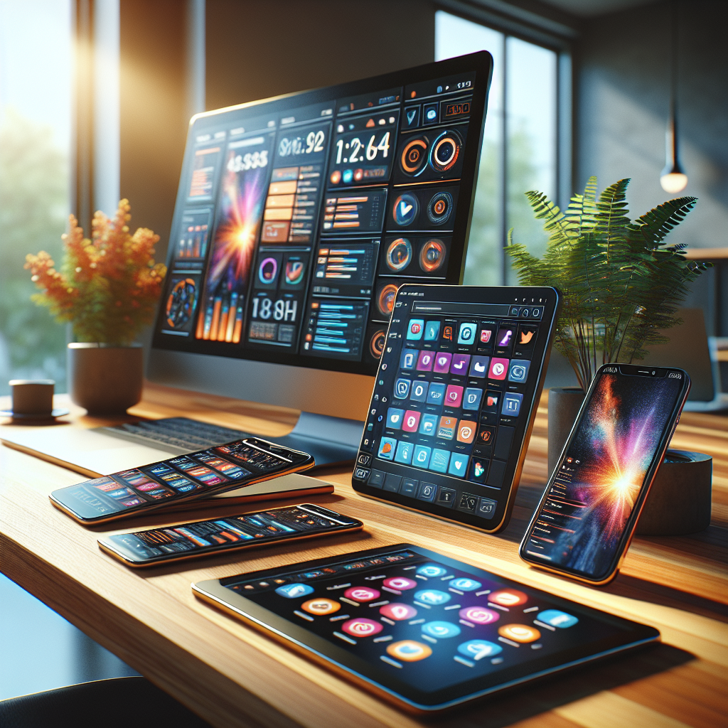 A workspace desk with digital devices displaying social media management apps.
