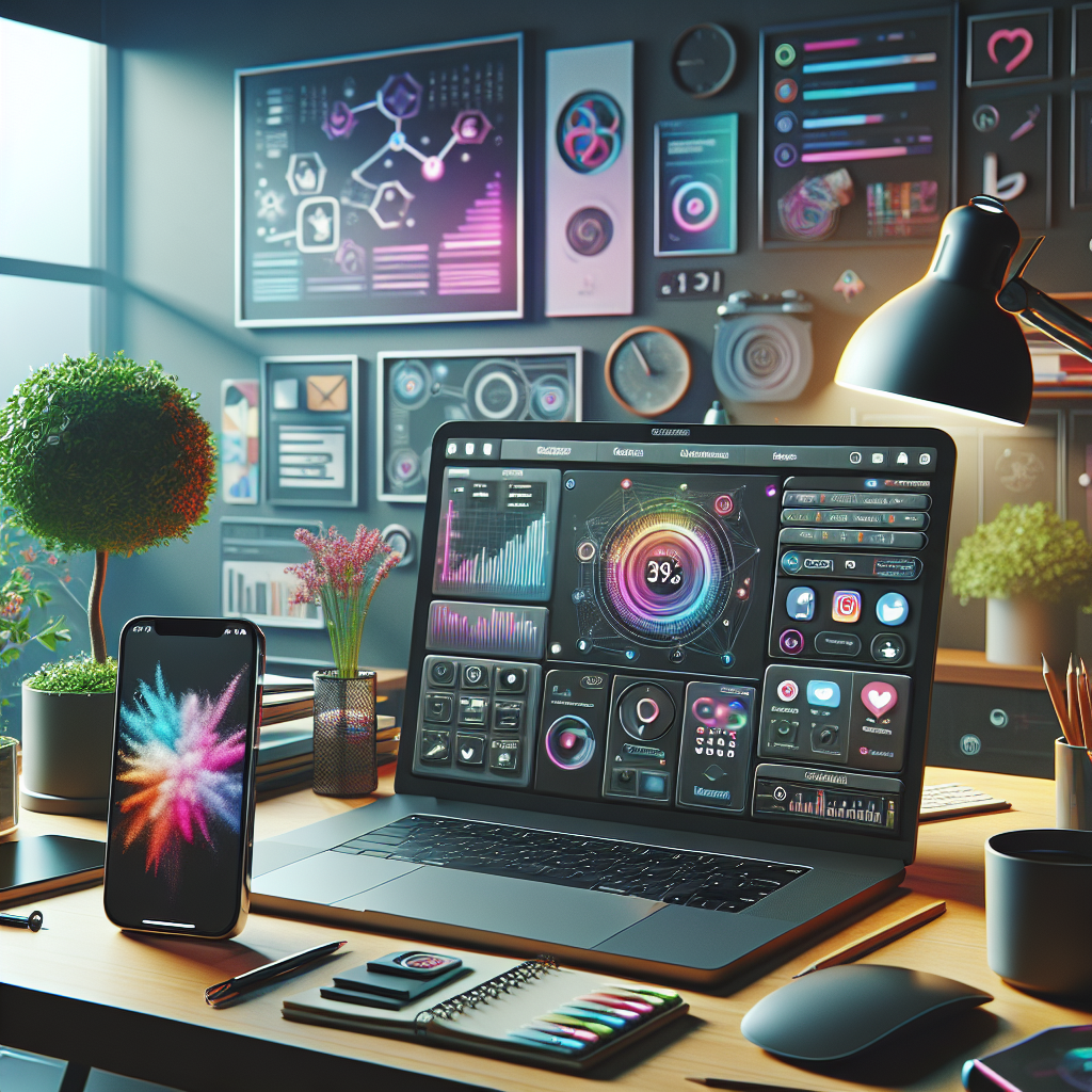 A digital workspace with a smartphone and laptop, representing social media management apps.