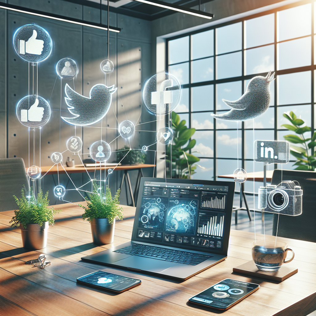 A realistic image of a modern workspace with social media elements.