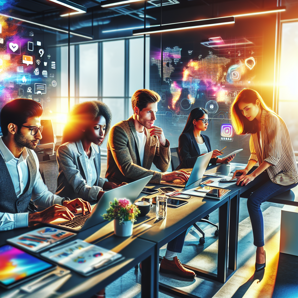 Young professionals collaborating on social media strategy in a modern office.