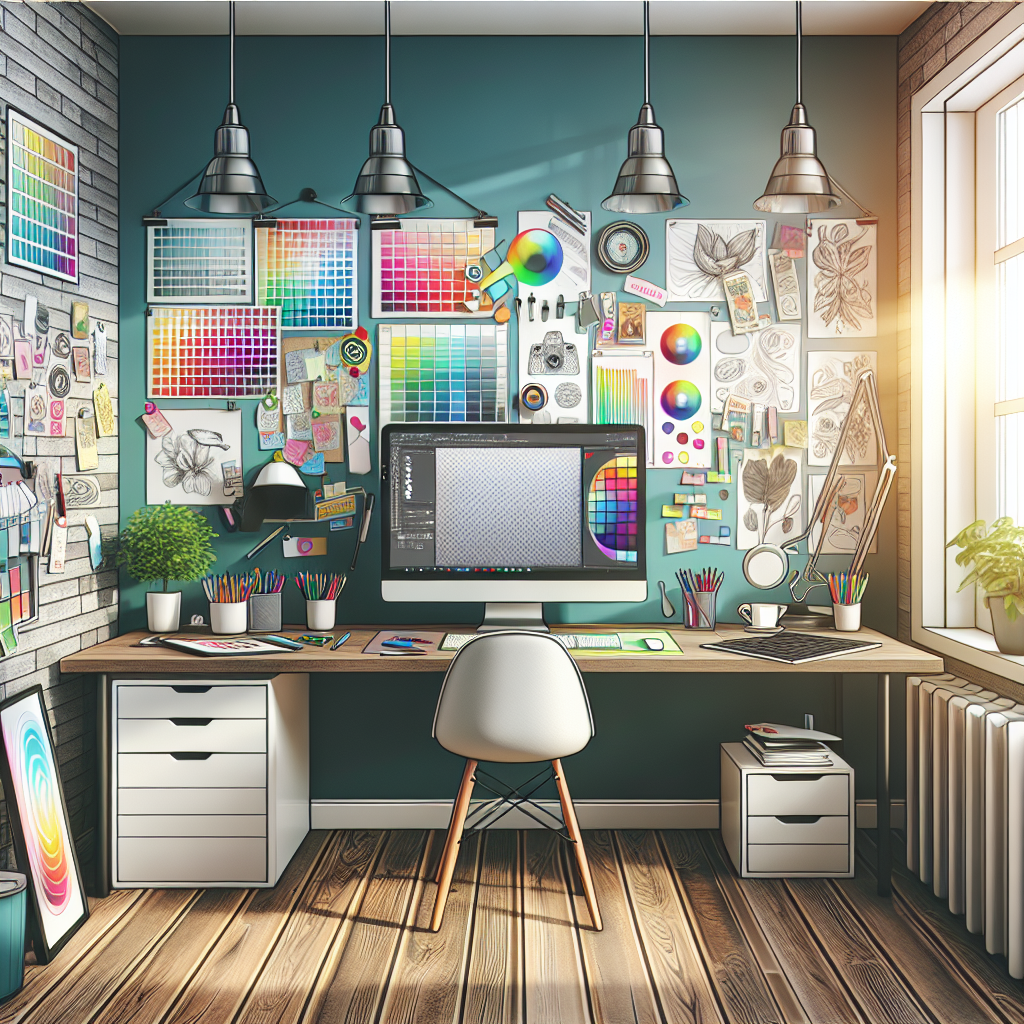 A vibrant home office for graphic design services with colorful design materials and tools.