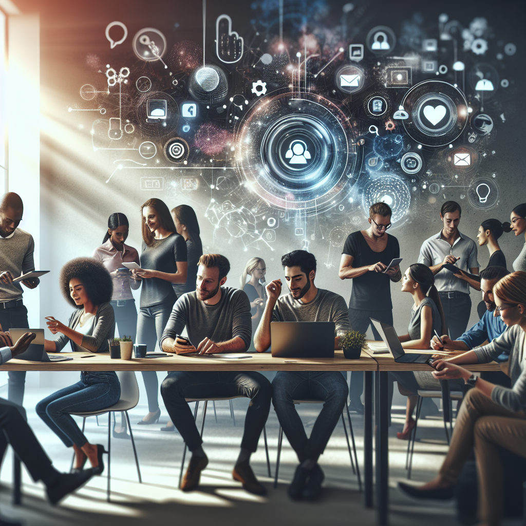 People in a digital workspace using smartphones and tablets, depicting social media engagement.