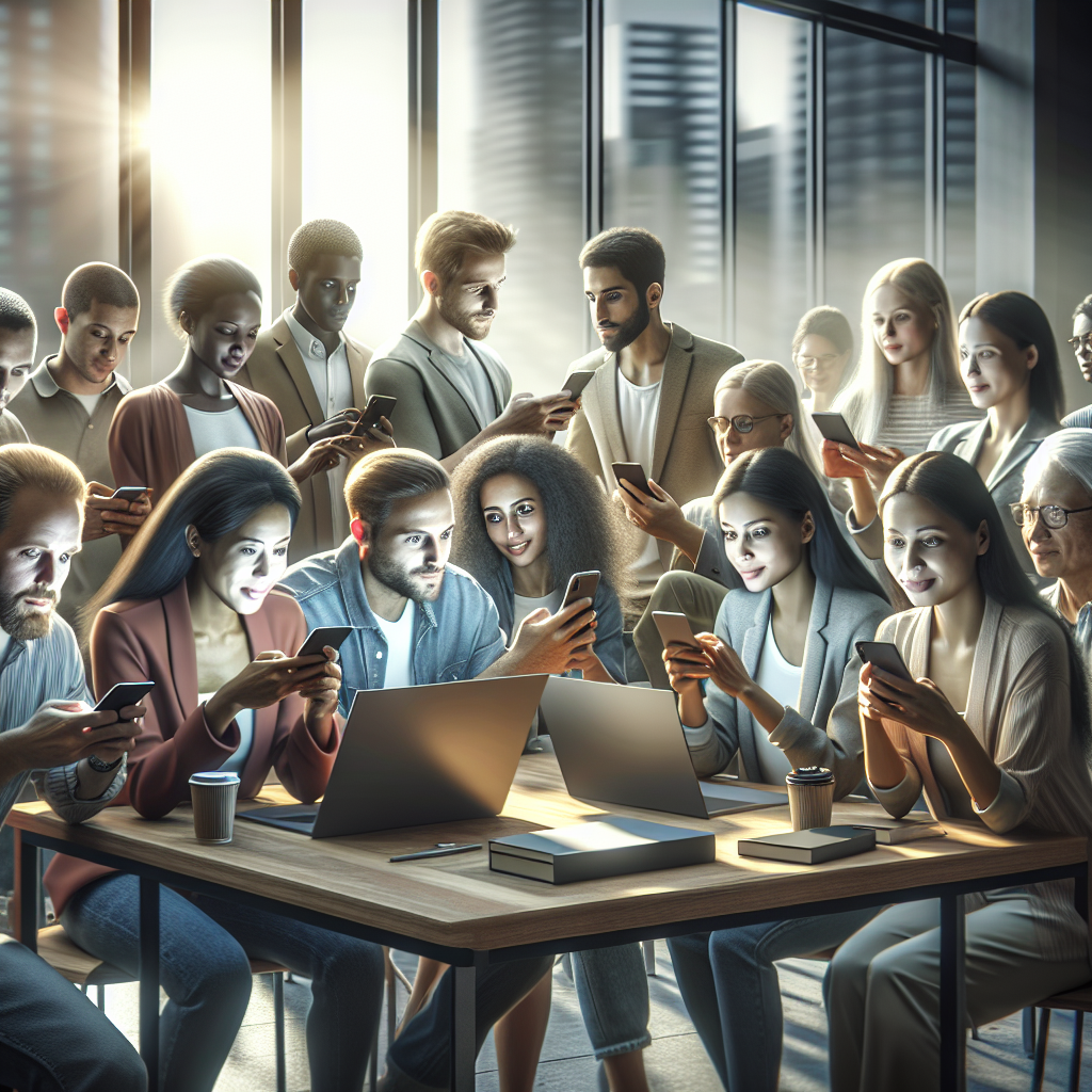 Diverse group of people engaging with social media on electronic devices in a modern workspace.